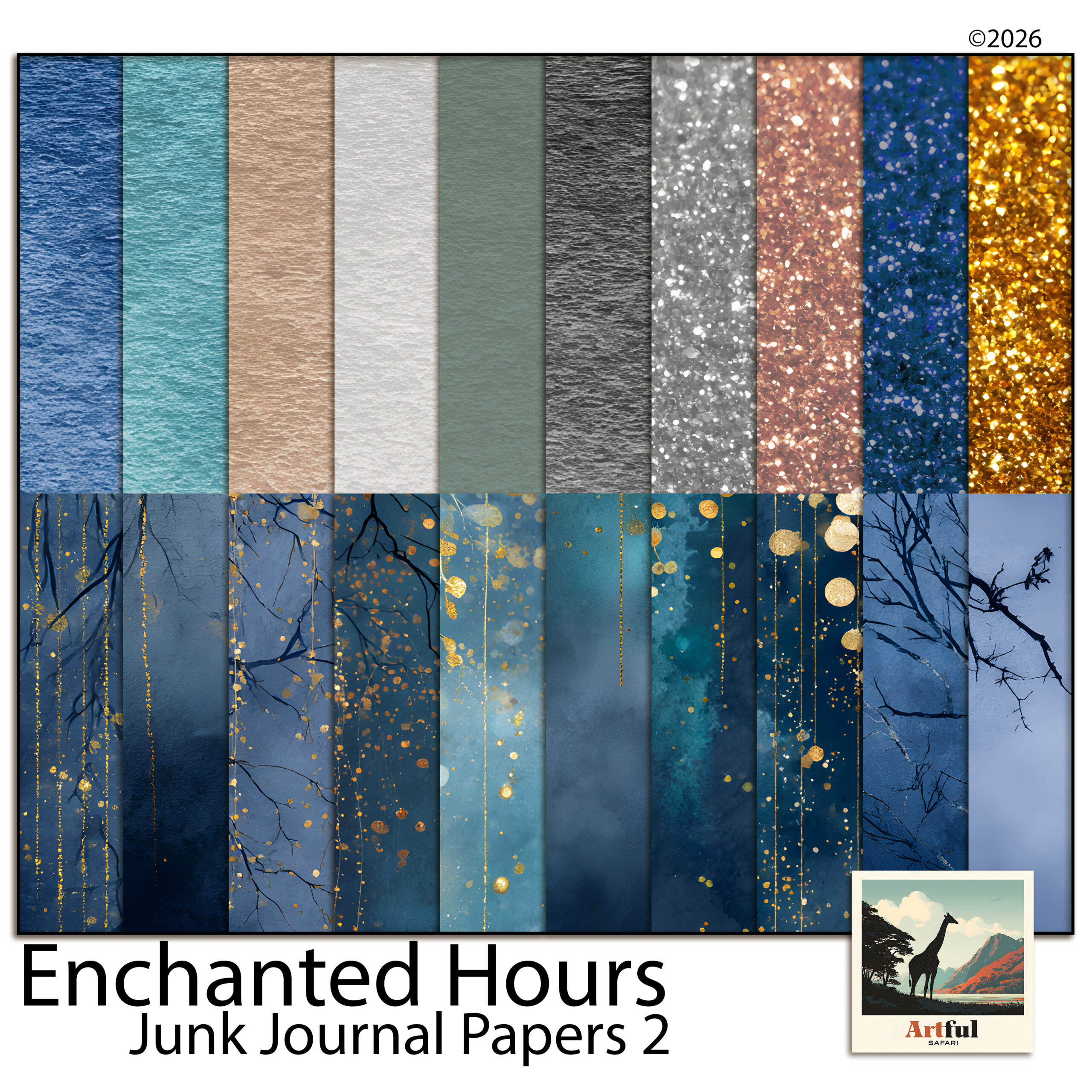 Enchanted Hours Junk Journal Papers 2 - Solid Watercolour and Glitter