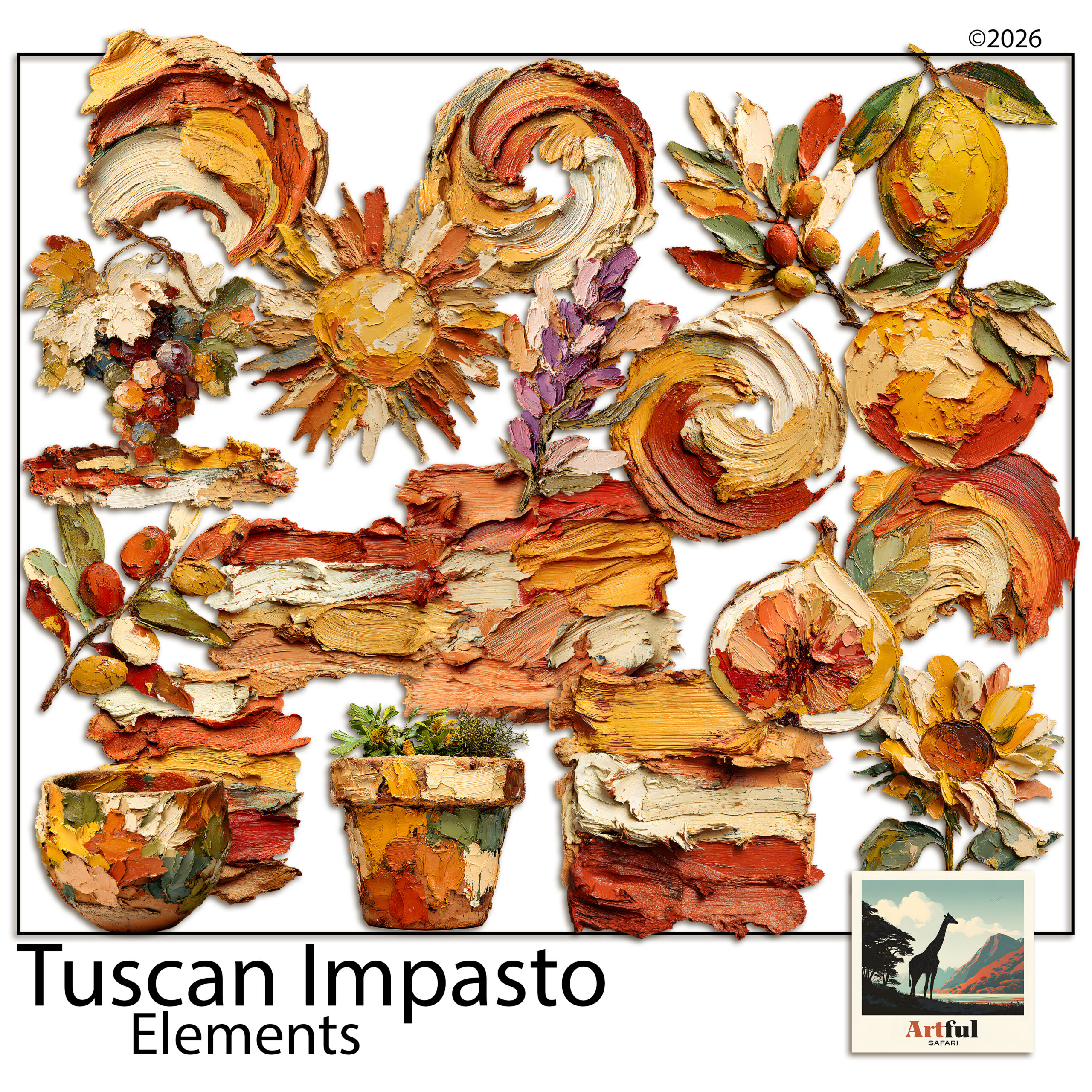 Tuscan clipart set of Italian olives, lemons and oil on a transparent background