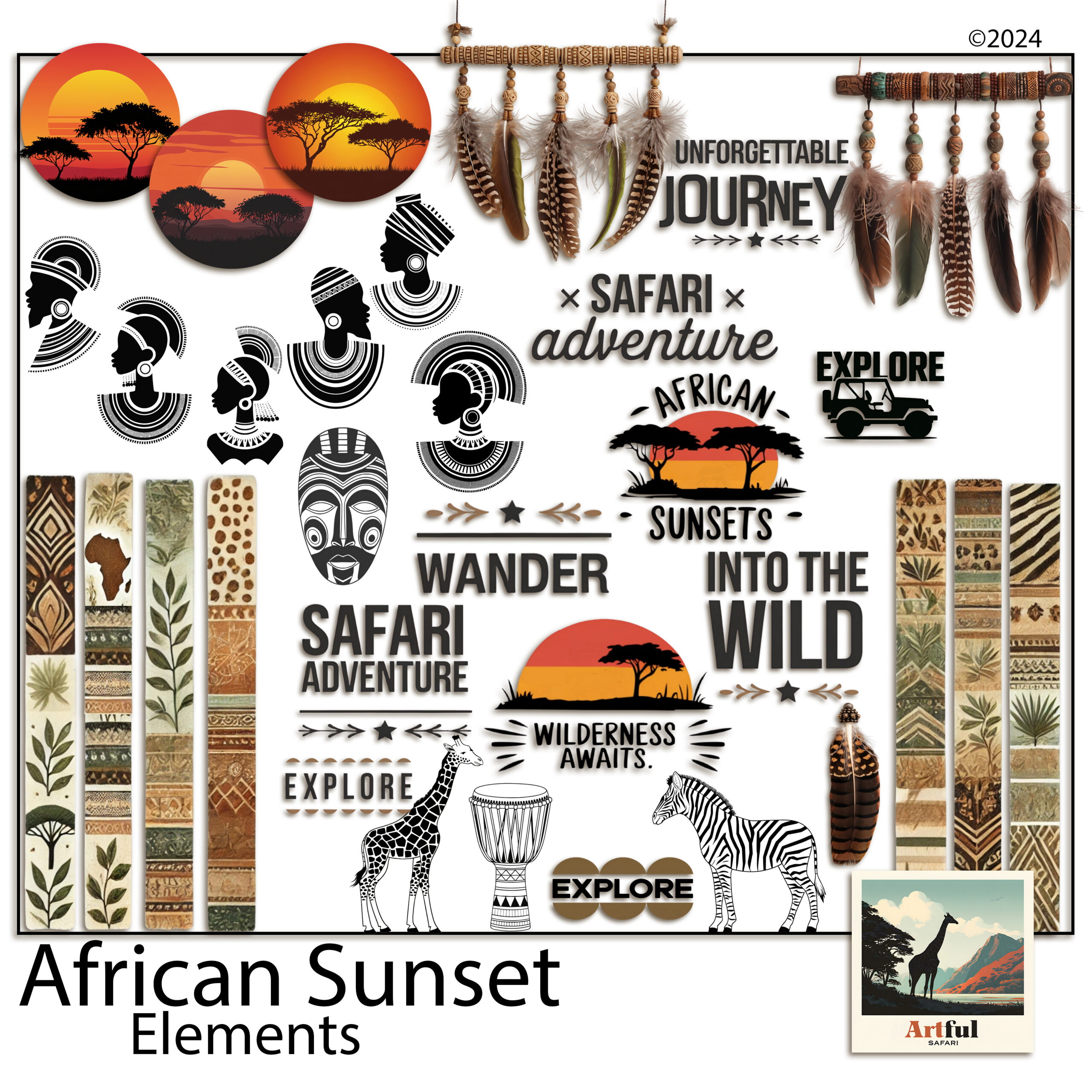 Safari animal clipart and sunset elements for scrapbook pages