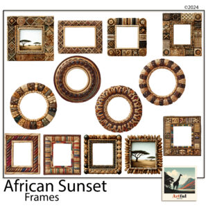 African Sunset photo frame PNG set layered over a safari scrapbook page