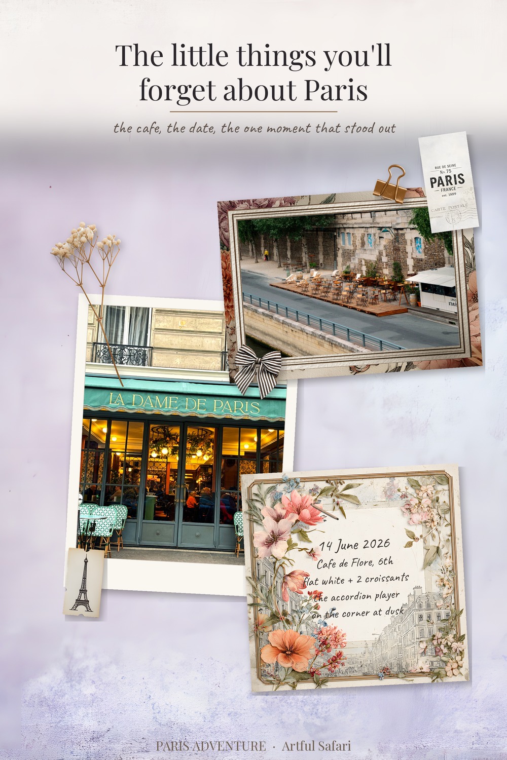 A finished Paris travel scrapbook page made with the Artful Safari Paris Adventure kit: two photos and a journaling card noting the date, the cafe and the one moment that stood out
