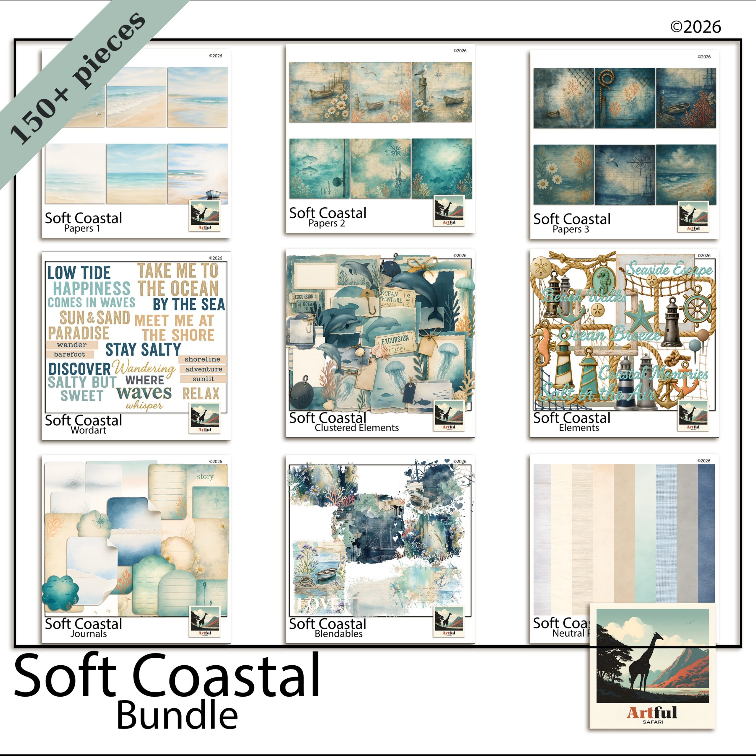 Coastal Nautical digital scrapbook clipart with rope, shells and stripes