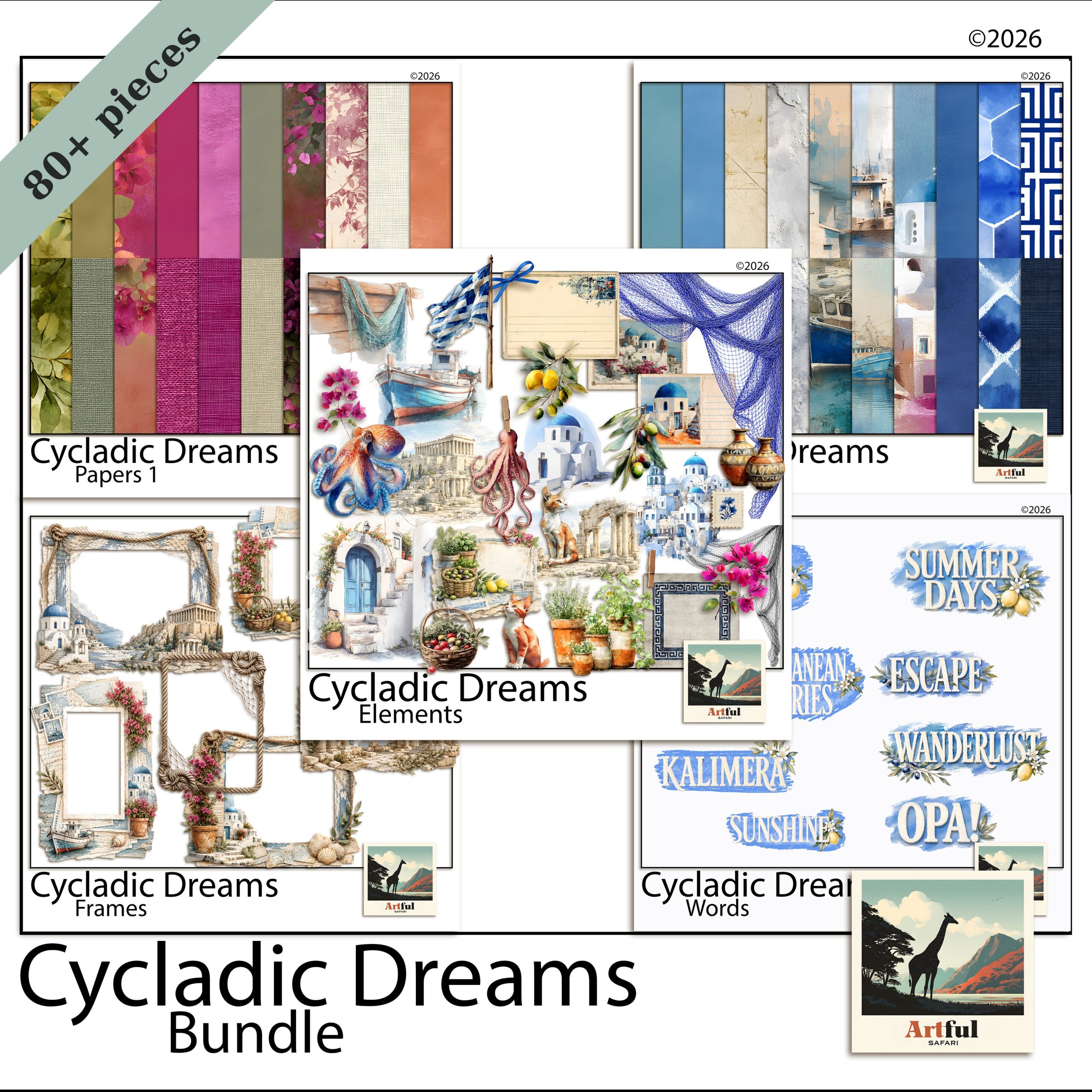 Cycladic Dreams Santorini bundle with papers, elements and frames