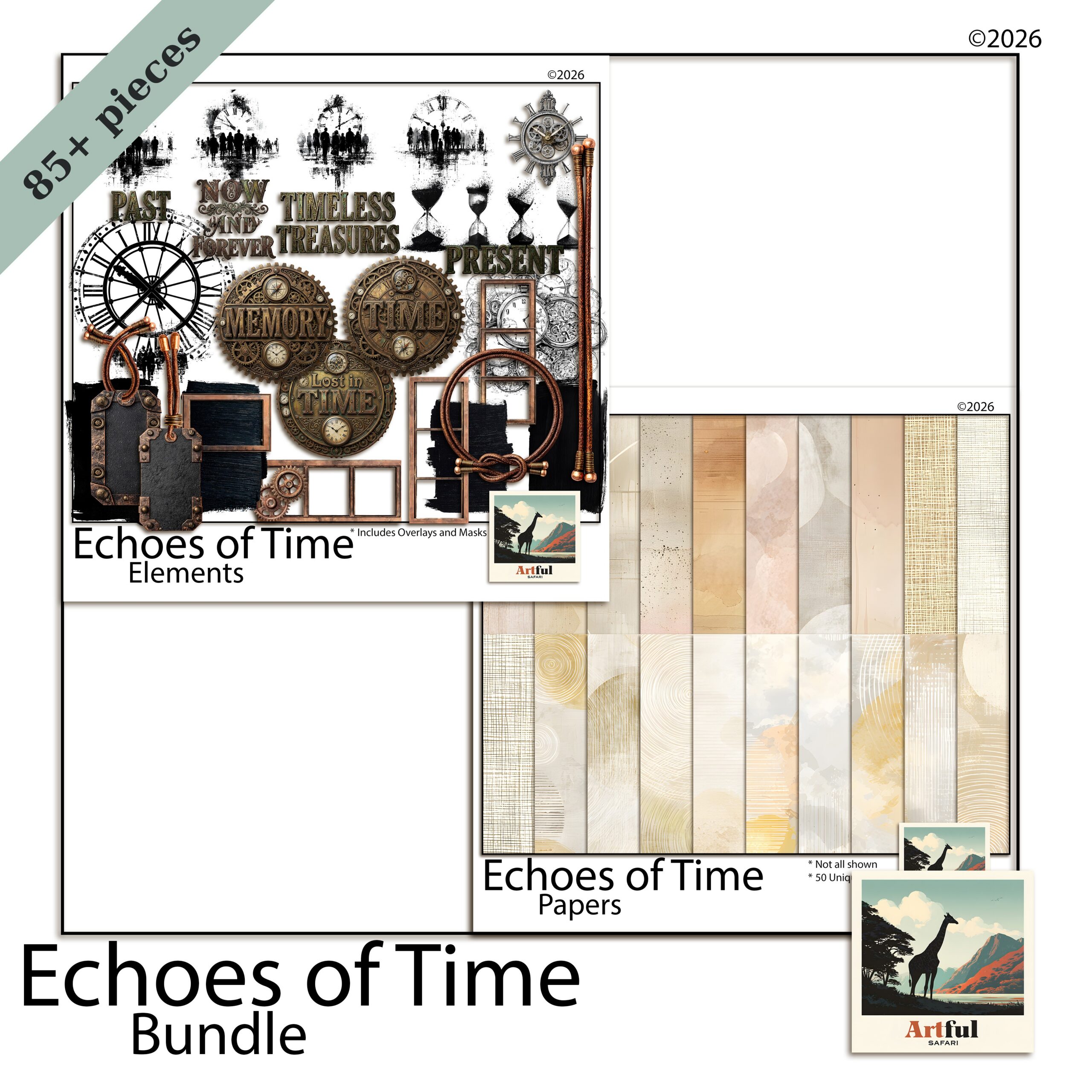Steampunk junk journal pages with brass cogs, keys and tea-stained ledger papers