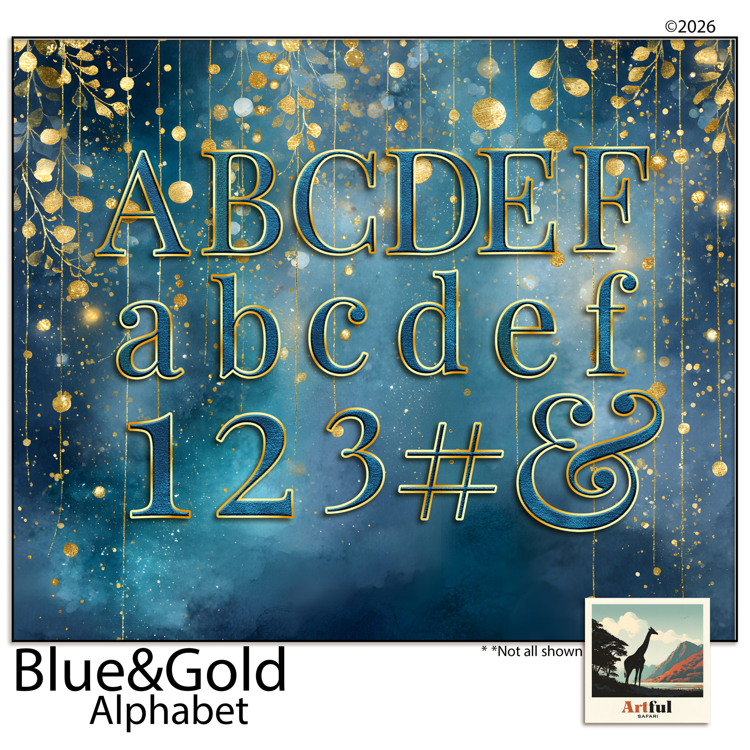 Blue and gold decorative alphabet letters for album titles