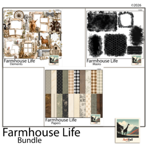 Farmhouse scrapbook papers and barn clipart from the Farmhouse Life bundle in a muted, rustic palette.
