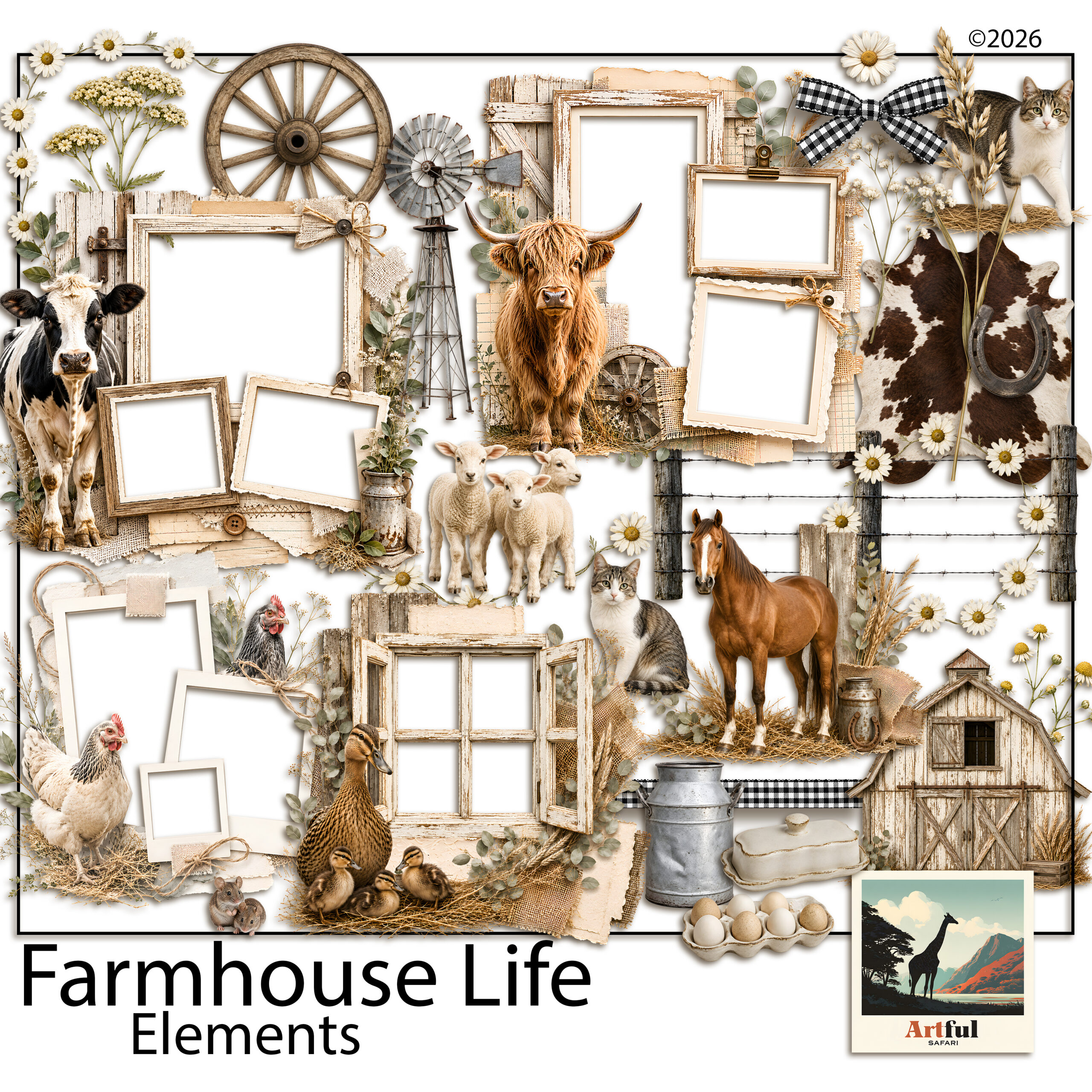 Farmhouse barn and botanical clipart for rustic scrapbook pages