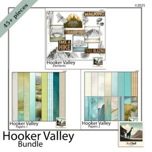 Hiking scrapbook papers with topographic textures from the Hooker Valley mountain bundle.