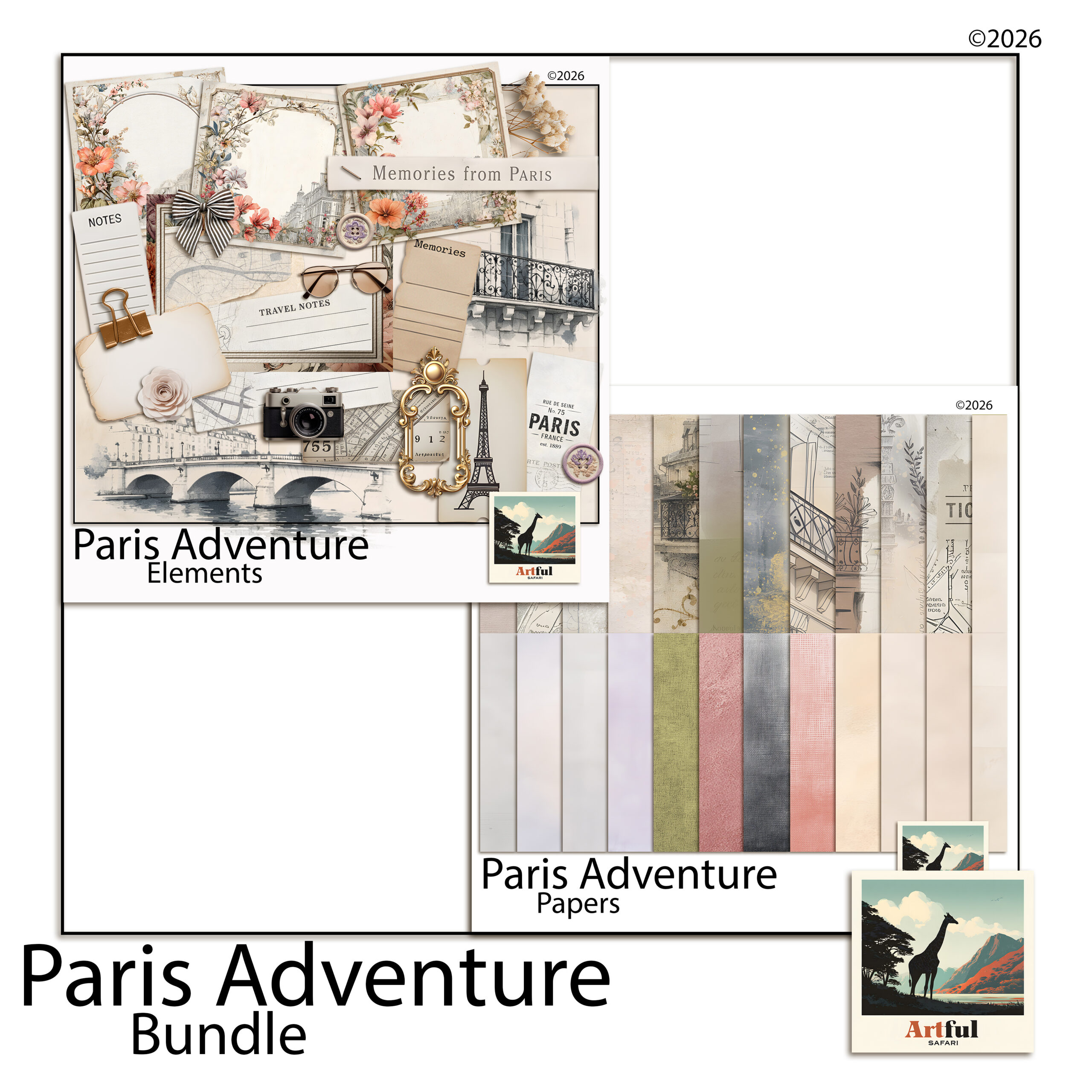 Paris scrapbook kit with Eiffel Tower clipart, cafe papers and travel frames