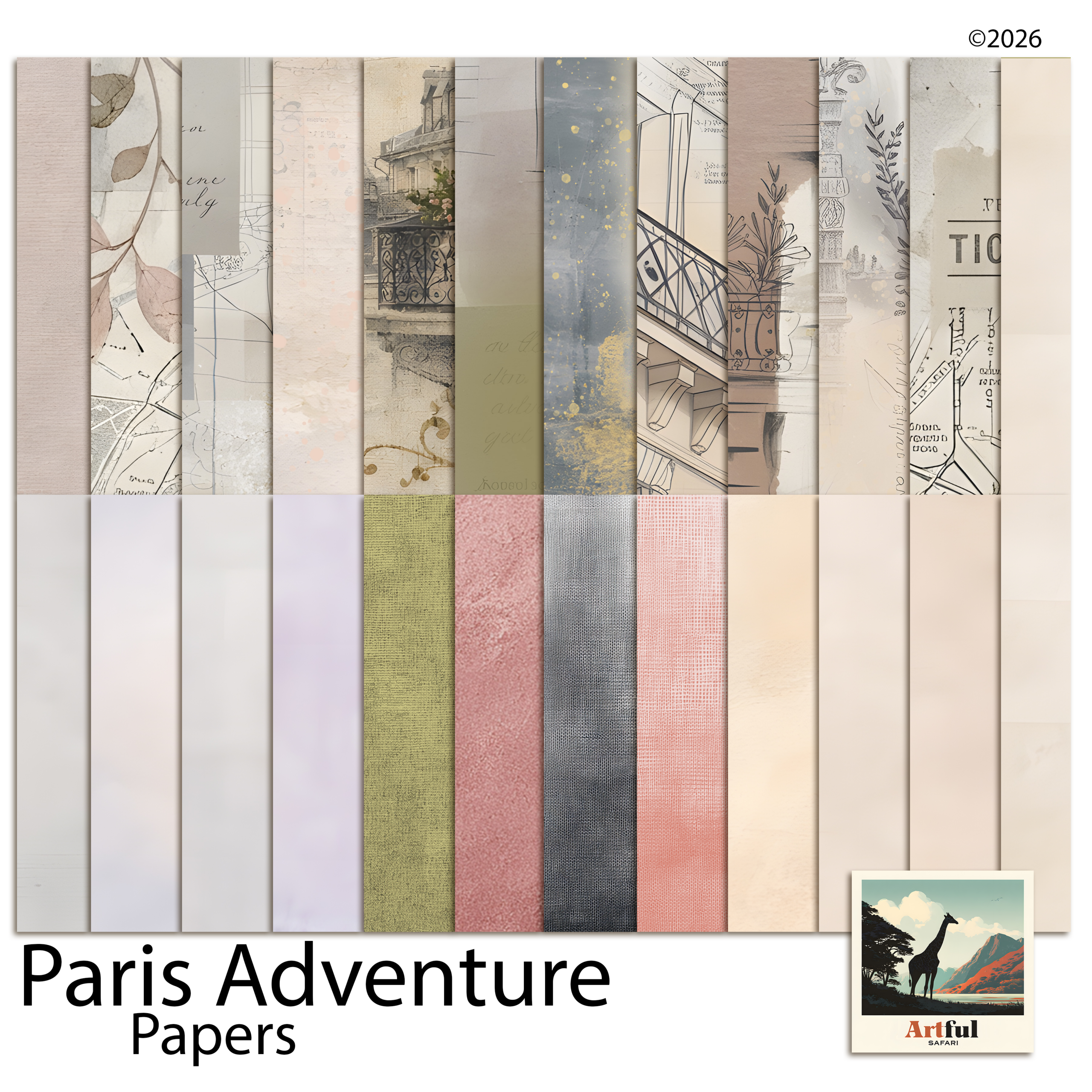 Soft Parisian papers in cream, dusty rose and grey for a travel album