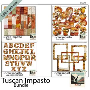 A Tuscany scrapbook spread built from warm ochre papers and olive clipart