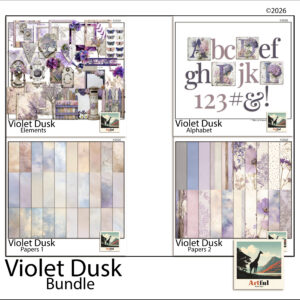 Purple scrapbook ideas from the Violet Dusk bundle, plum papers and florals