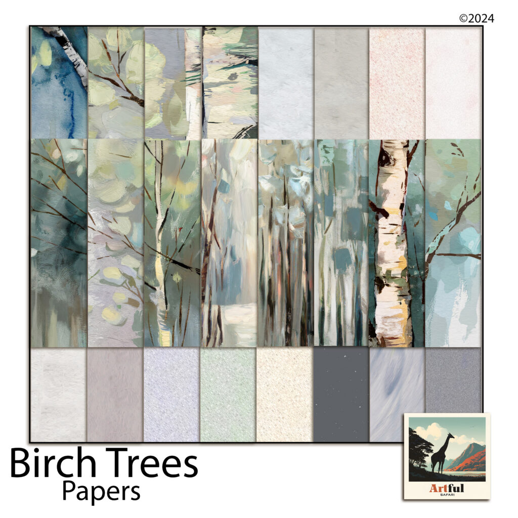 Painted birch papers and quiet textures for building a woodland scrapbook page