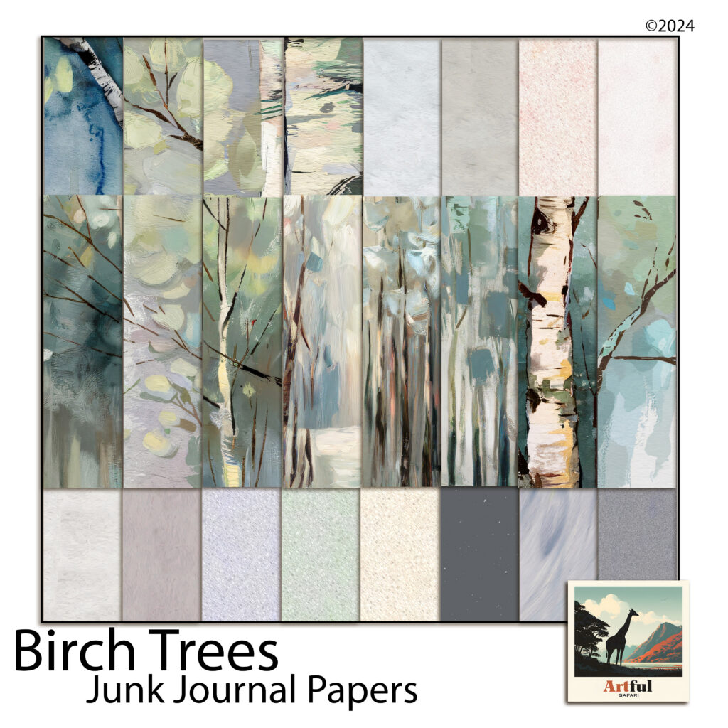 Woodland junk journal papers from the Birch Trees kit โ 23 printable pages of painted birch scenes and coordinating textures