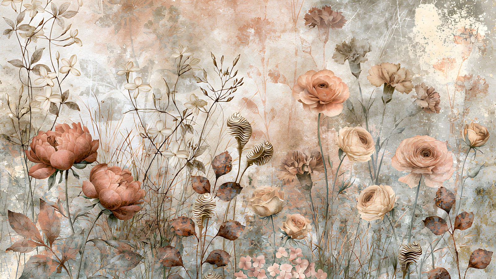 Dusty rose floral meadow scene in coral, blush and sage tones