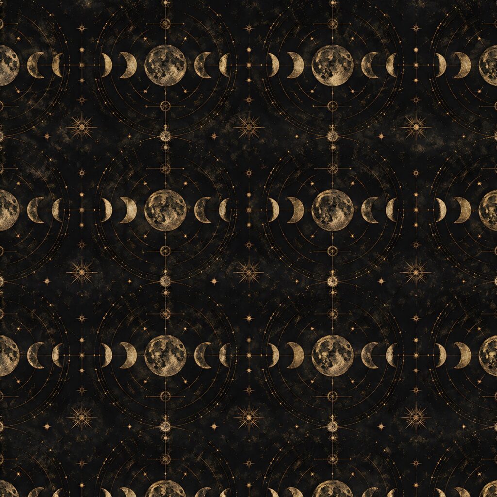 Moon phase paper for a dark academia scrapbook page, gold crescents on near-black