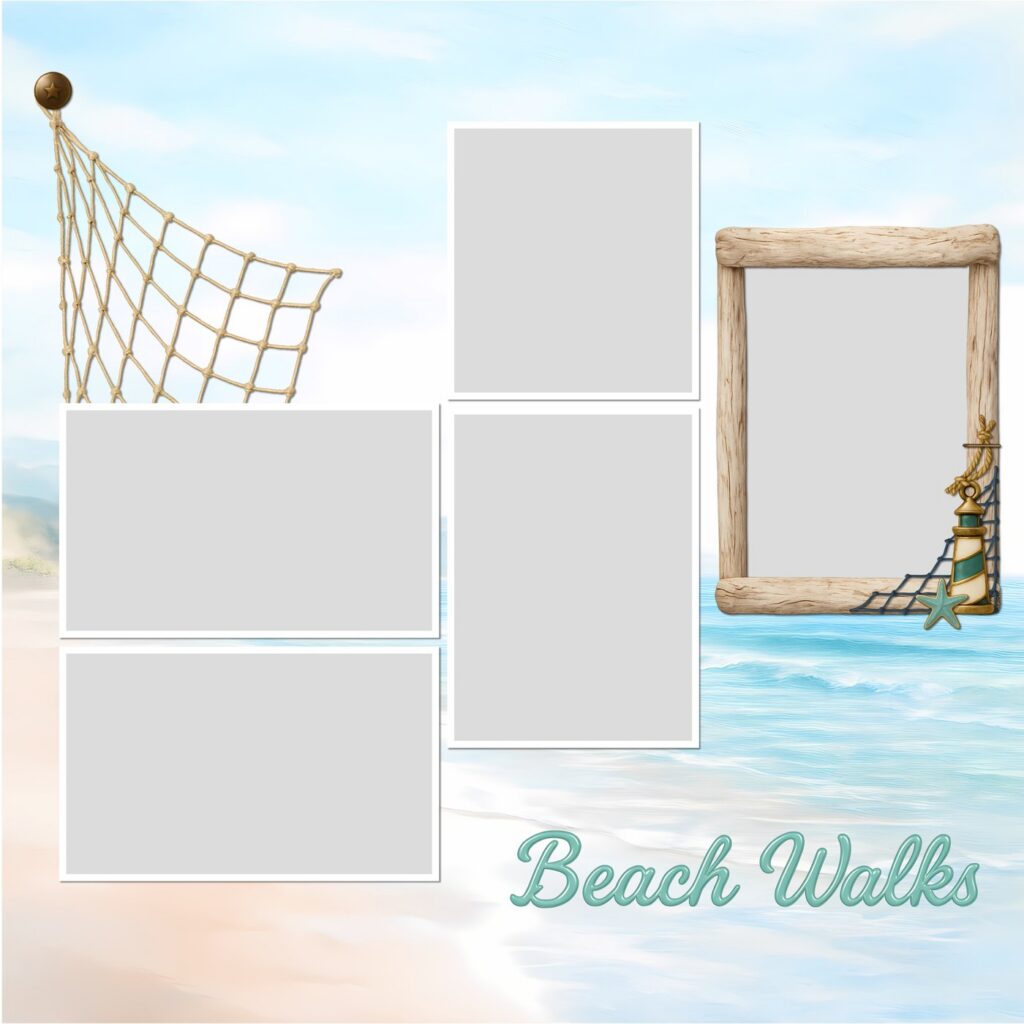 A coastal page built in digital scrapbooking software, with photos layered over soft blue papers and shell elements
