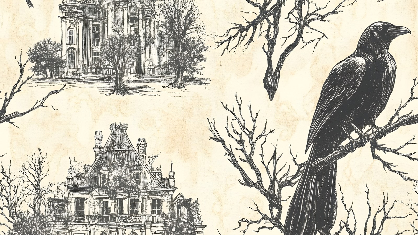 Dark academia scrapbook paper with ravens and gothic houses in black line work on parchment
