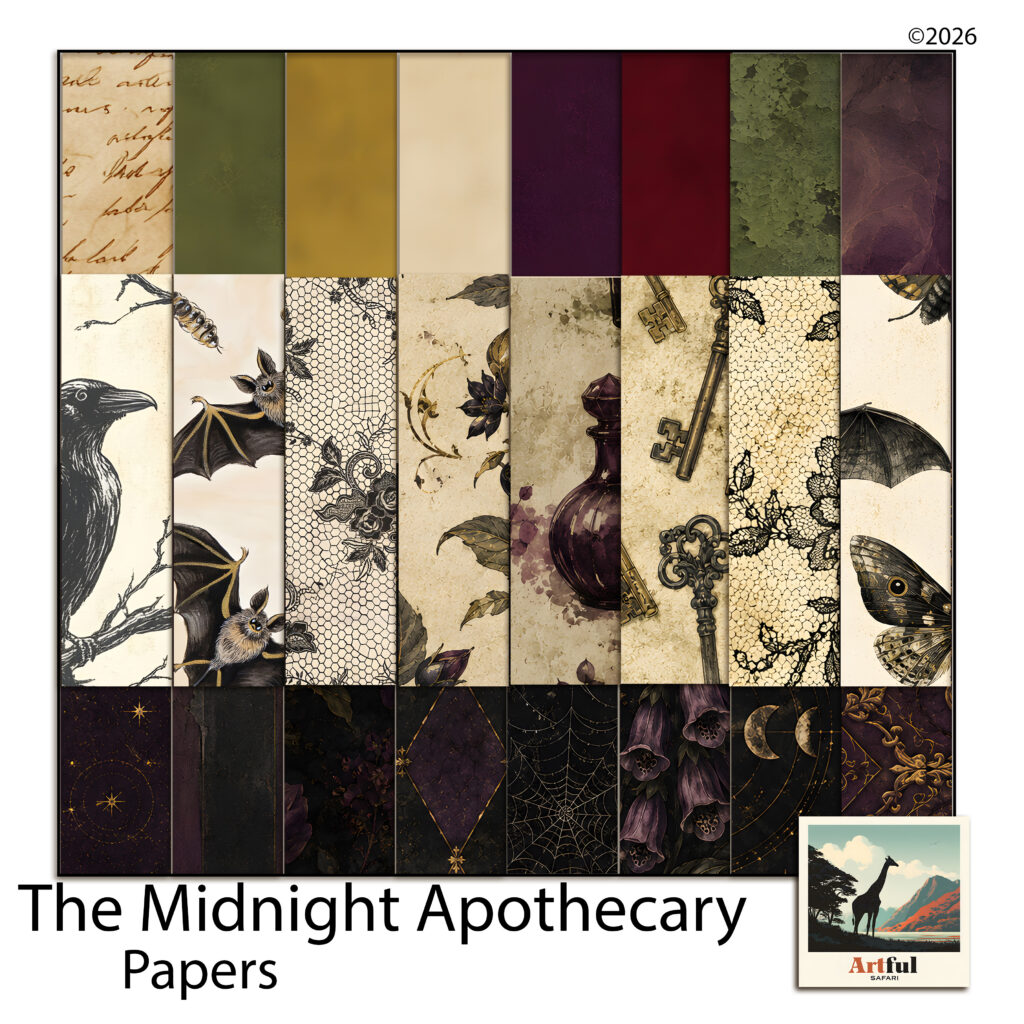 Midnight Apothecary papers used as a dark academia scrapbook palette