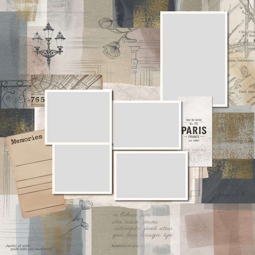 Travel scrapbook ideas in practice: a digital Paris layout with papers, a street map, a vintage ticket, journaling cards and photo slots