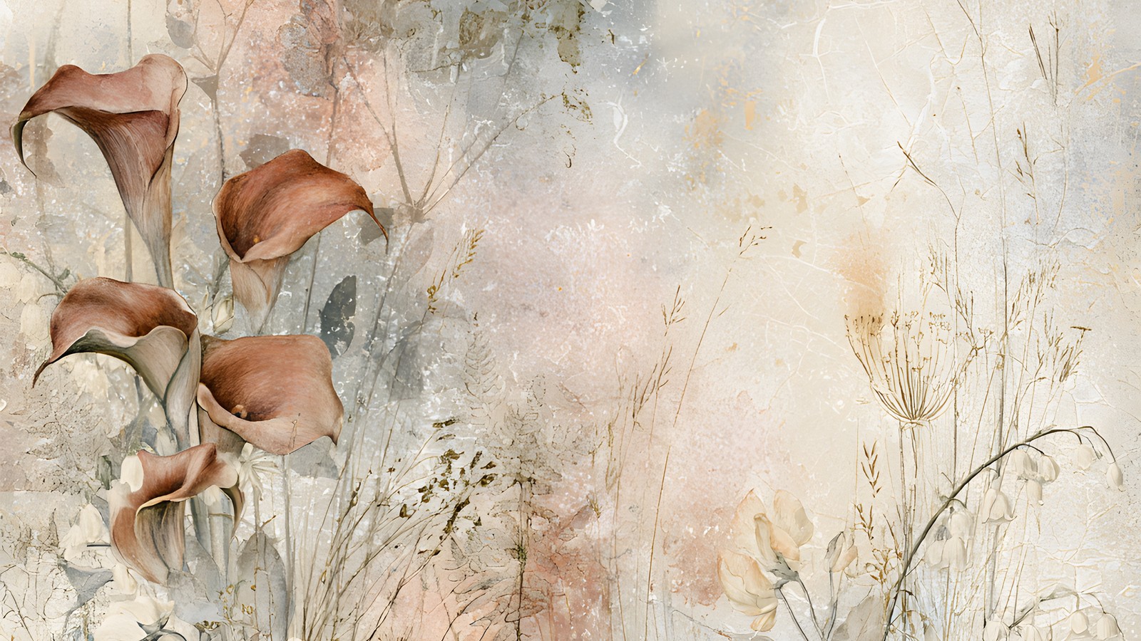 Burnt orange calla lilies and dried botanicals on a warm cream wash