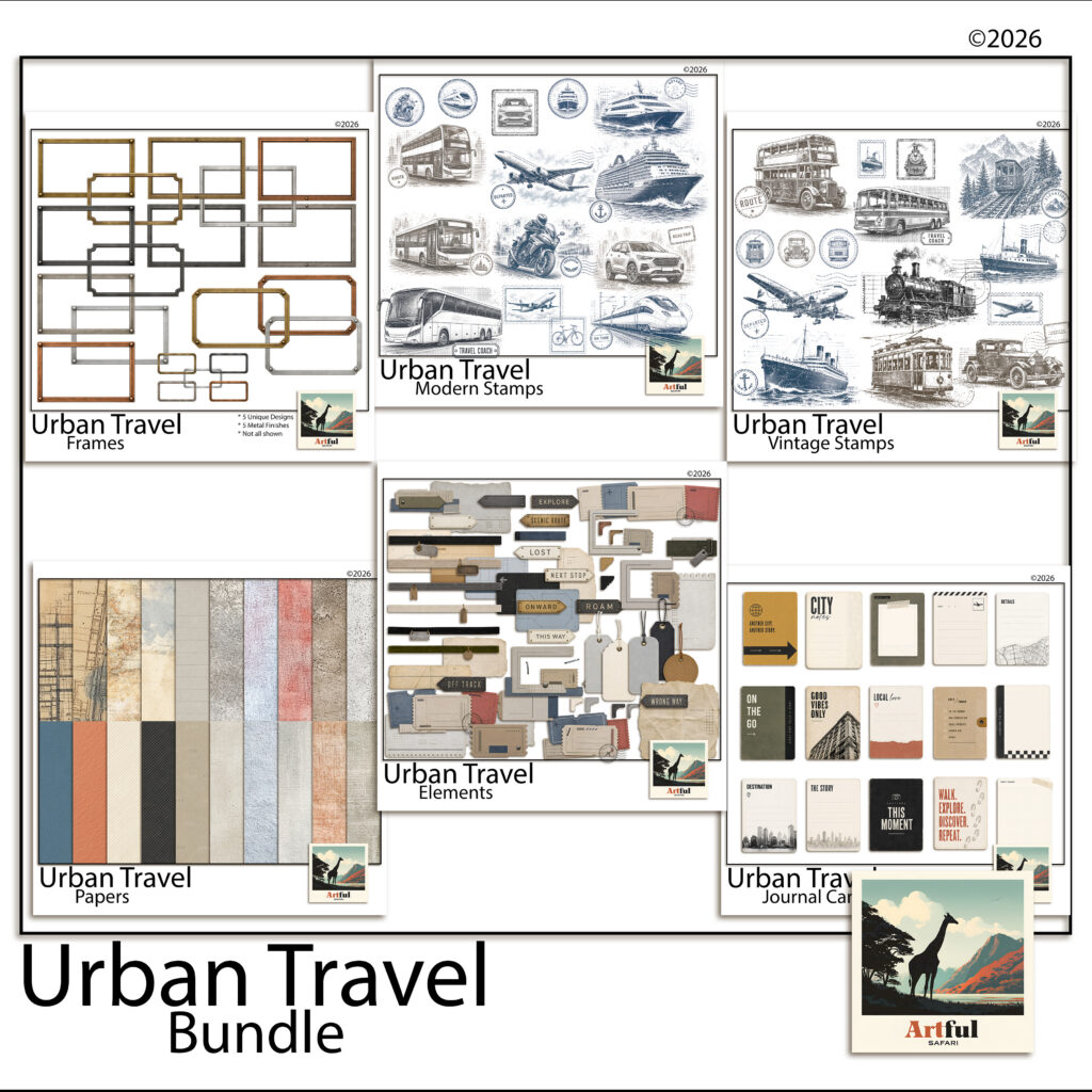 Urban Travel digital kit for a travel junk journal — maps, tickets, frames and stamps