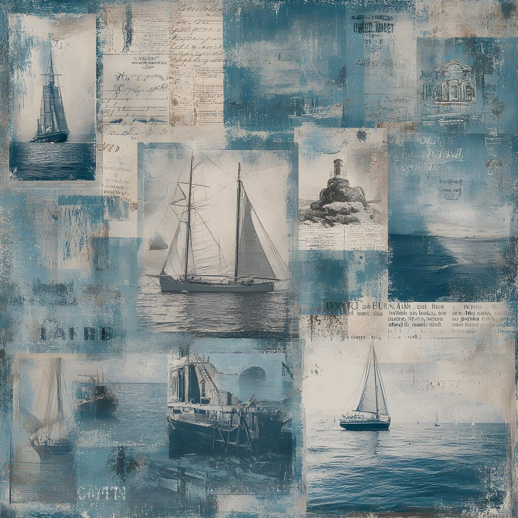 A coastal digital scrapbooking page showing a background paper, a framed photo, scattered elements and a line of journaling stacked as layers