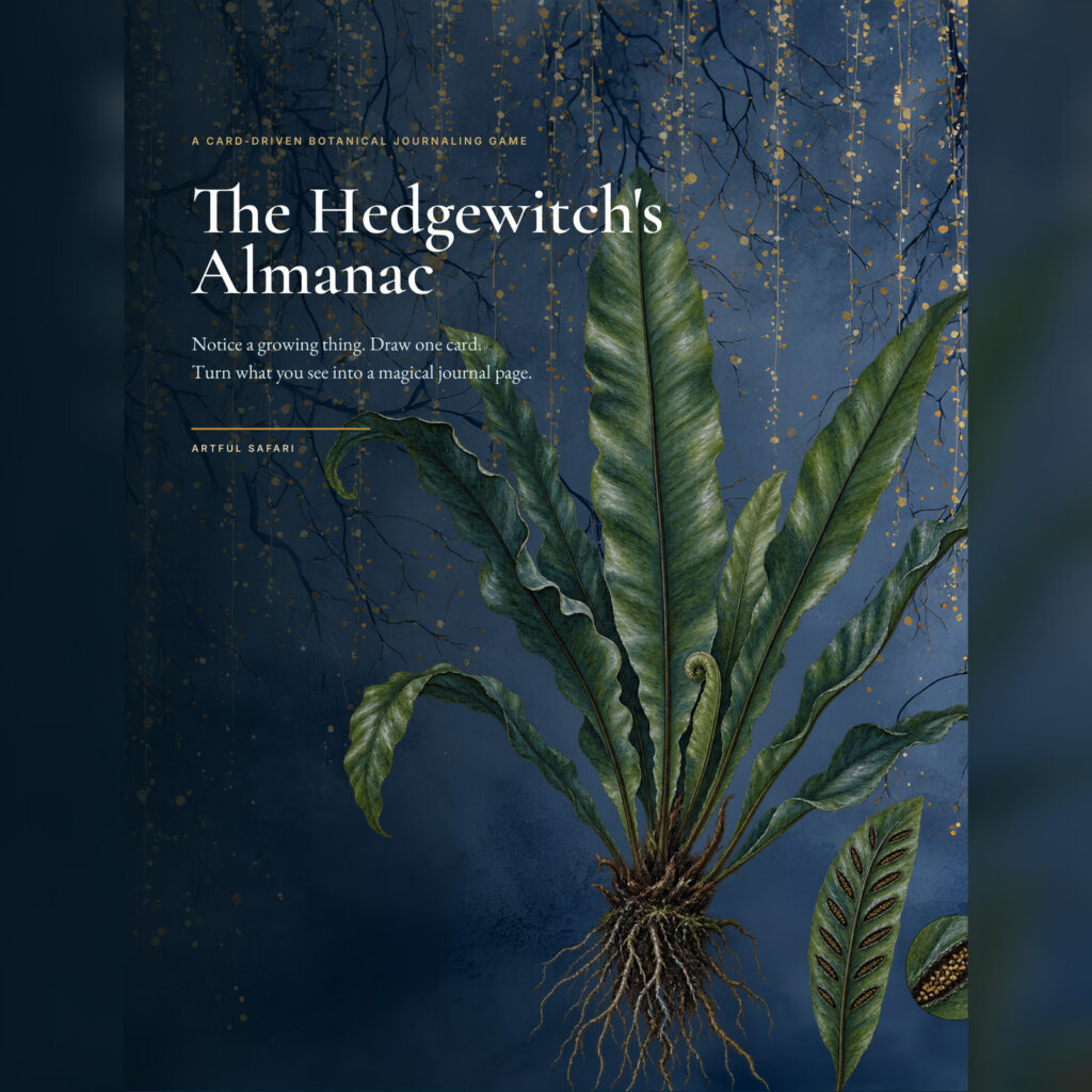 The Hedgewitch's Almanac cover with a botanical fern against a deep blue and gold background