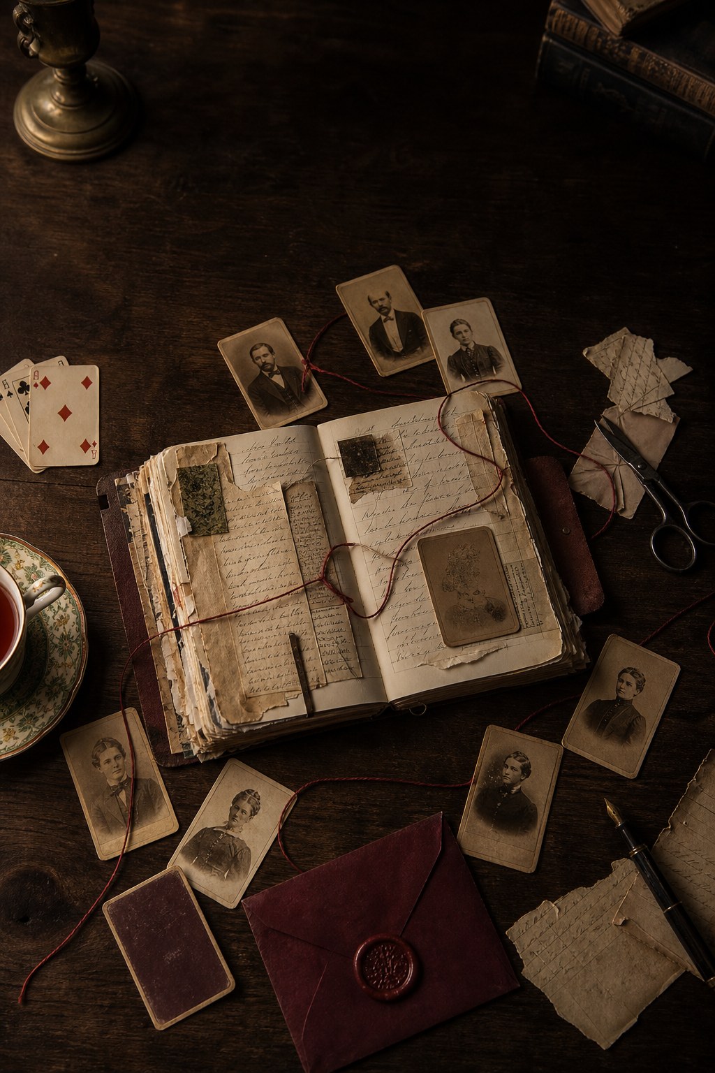 A junk journal kit page of handwritten clues and Victorian portraits beside the sealed answer.