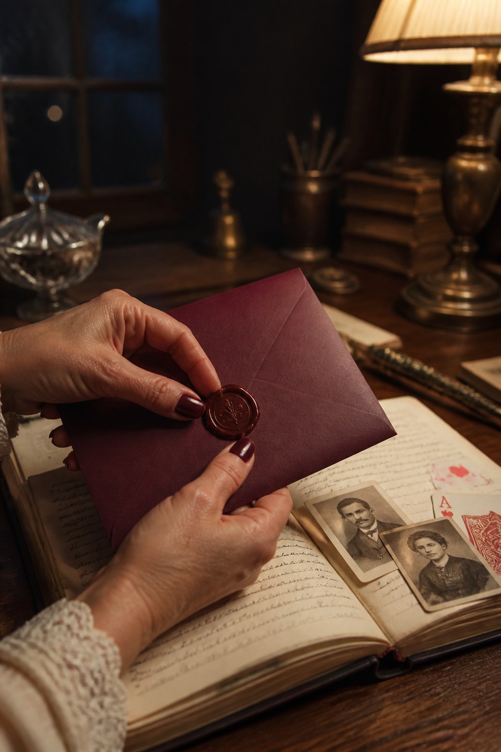 A hand lifting the wax seal on the Crimson Parlour answer envelope beside a finished journal.
