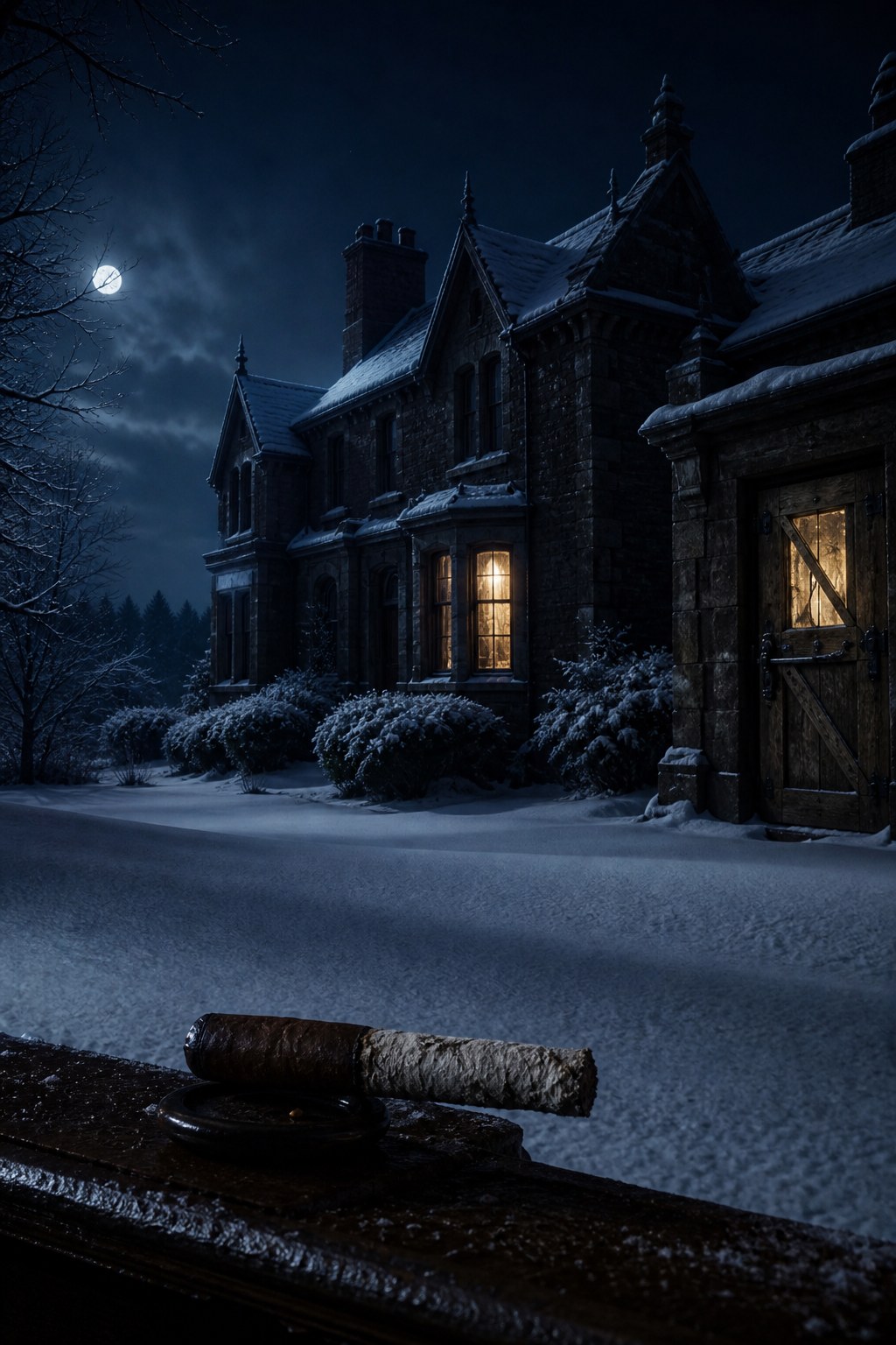 A snowed-in Victorian house at night with lit windows and unbroken snow to the door.