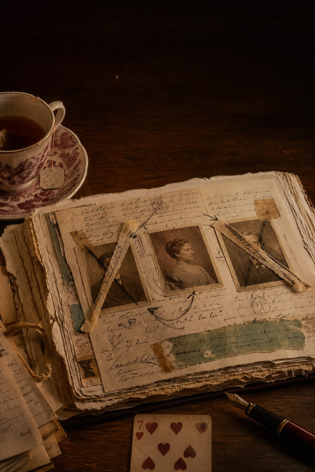 A layered journal page with suspect portraits taped down and two of them crossed through.