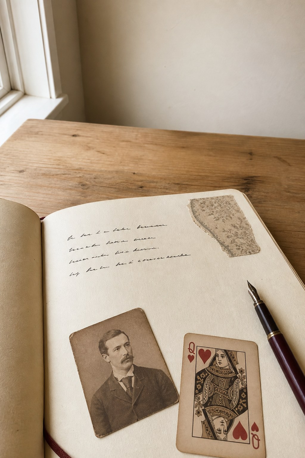 A simple journal page with four handwritten lines, one pasted scrap, a suspect portrait and a playing card.