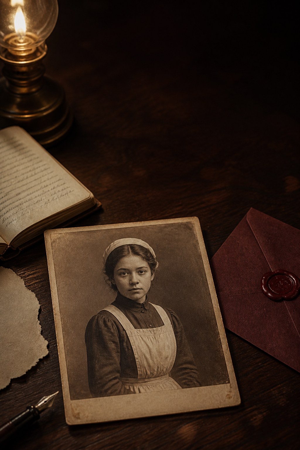 A Victorian portrait of a young kitchen maid beside the sealed answer envelope.