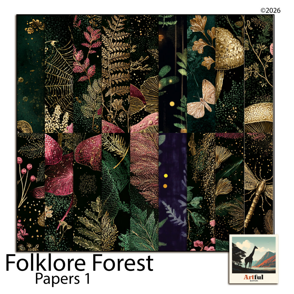 Folklore Forest Digital Scrapbook Papers 1 — Gold Fern Botanical