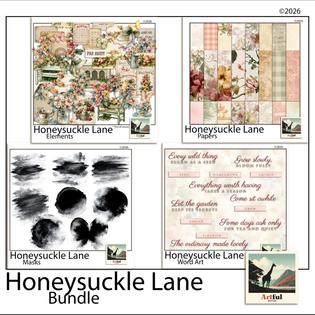 Honeysuckle Lane cottage garden digital scrapbook collection — floral papers, garden clipart, word art and blending masks