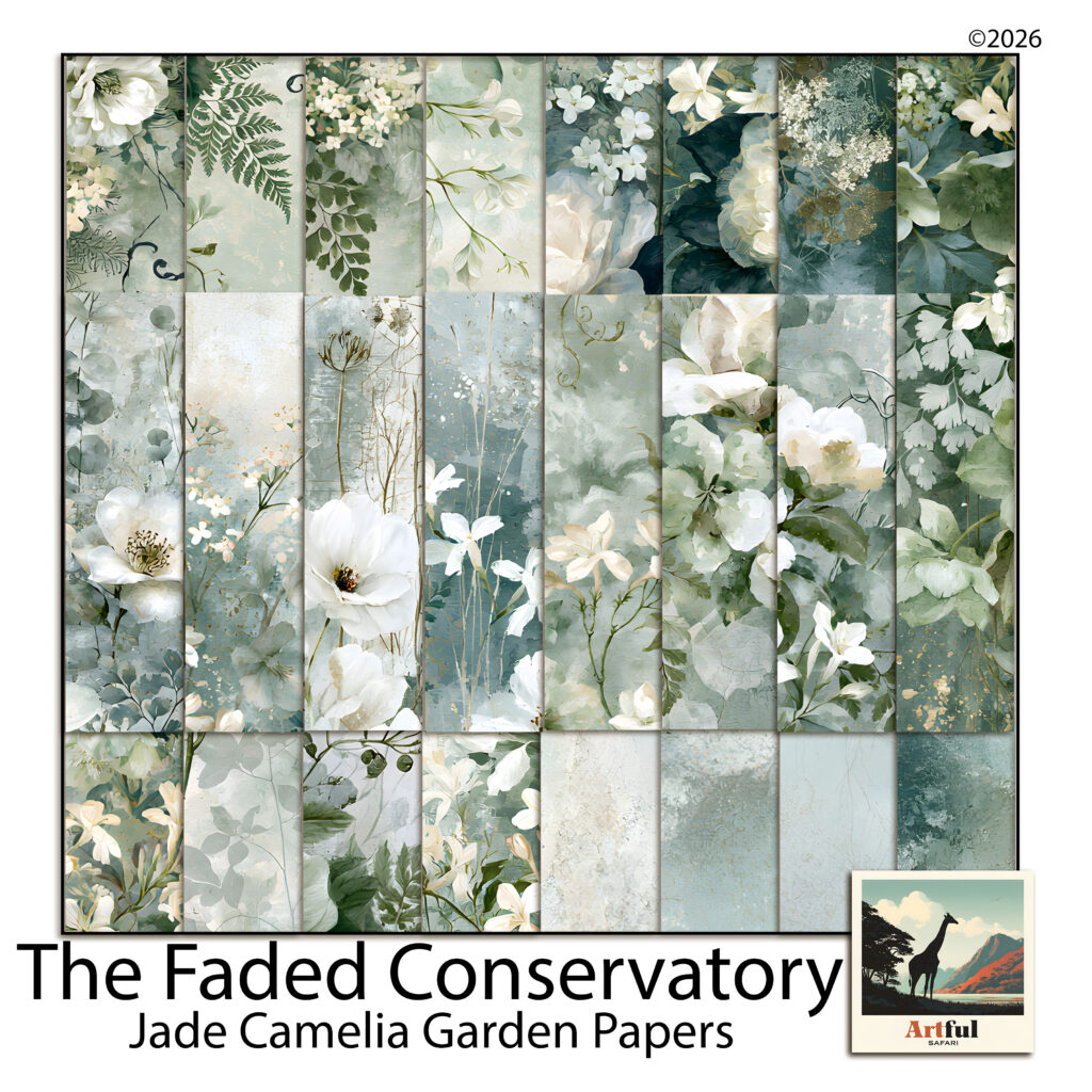 Sage green palette papers with white camellias and ferns from the Jade Camelia Garden kit
