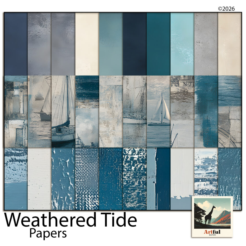 Weathered Tide Digital Scrapbook Papers — Navy, Teal and Driftwood