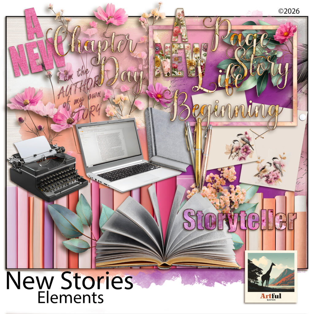 New Stories Digital Scrapbook Elements — Books, Typewriter and Word Art