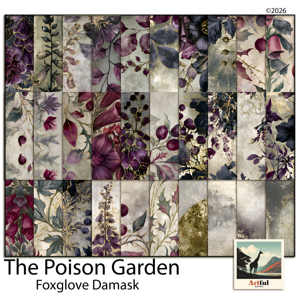 Gothic Background Papers — Foxglove Damask Victorian Wallpaper Scrapbook Kit