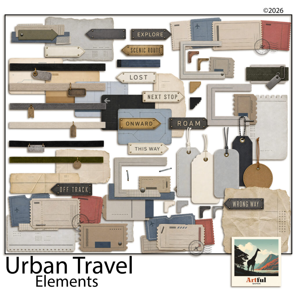 Urban Travel Digital Scrapbook Elements — Luggage Tags, Signs and Tickets