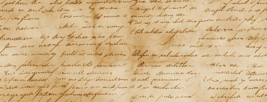 Aged cream paper covered in faded brown writing, the colour dyed pages settle into