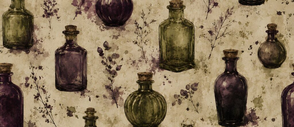 Rows of green and purple apothecary bottles on aged paper, backing for an Apothecaria journal spread