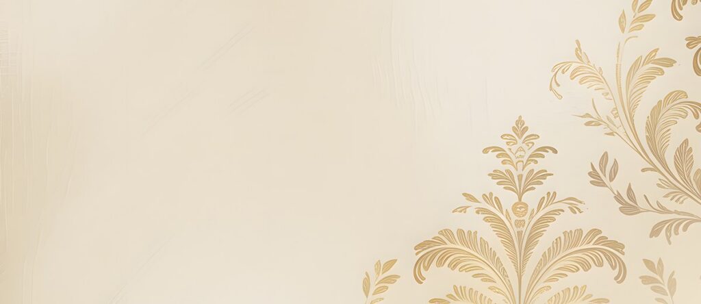 Pale cream damask paper with a gold flourish in the corner, for a first Keeper spread