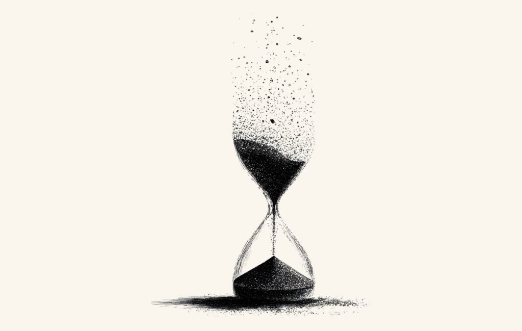 An hourglass with the sand running out, marking the end of an artefact book