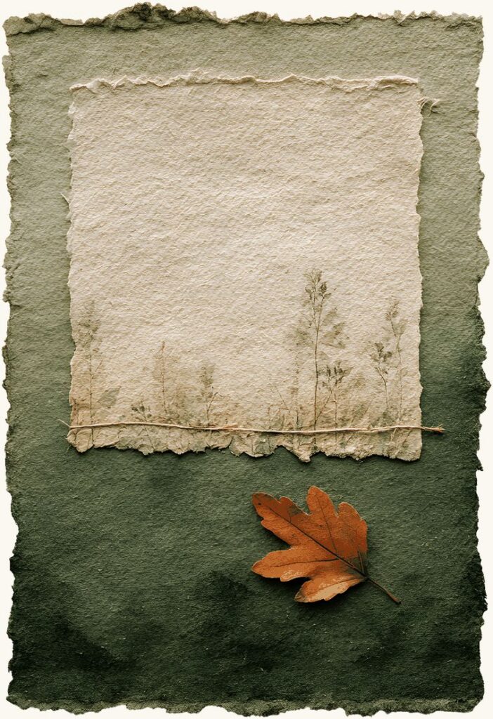 A blank journal card with a torn paper panel and an oak leaf, sized for a single evening's entry