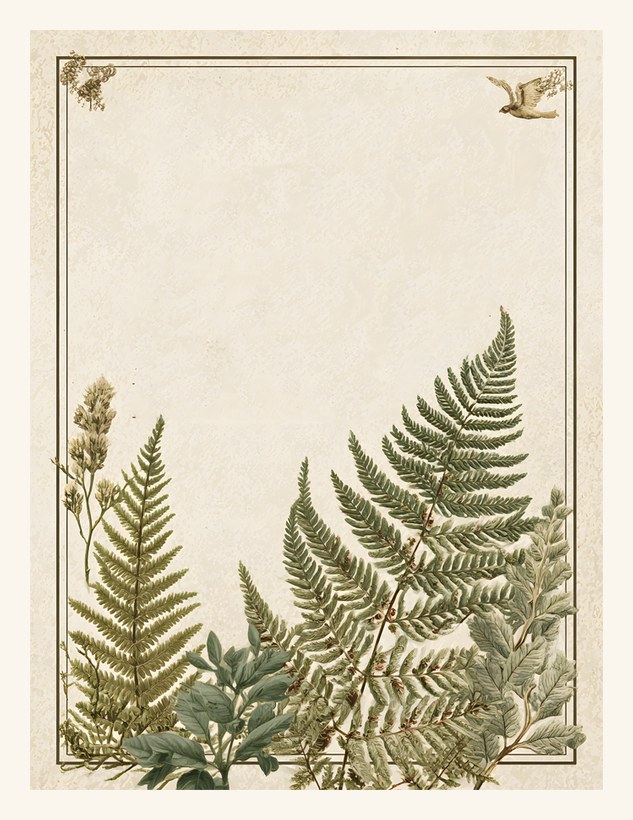 A blank bordered journal card with ferns along the bottom edge, ruled up for a potion recipe