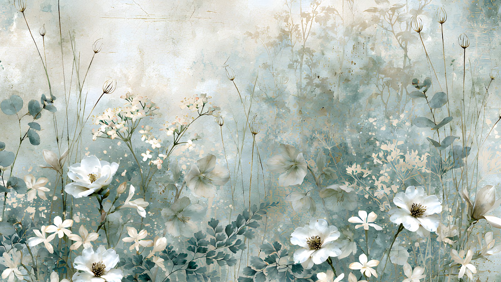 Sage green palette of watercolour florals and soft plaster washes