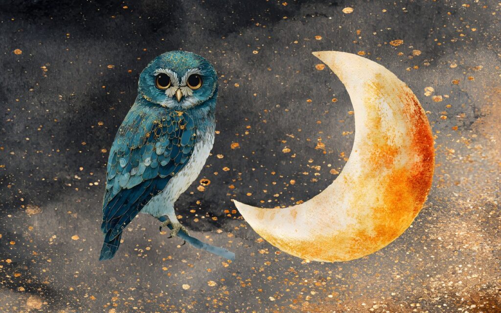 An owl beside a crescent moon on a dark gold sky, the mood of choosing a best solo rpg