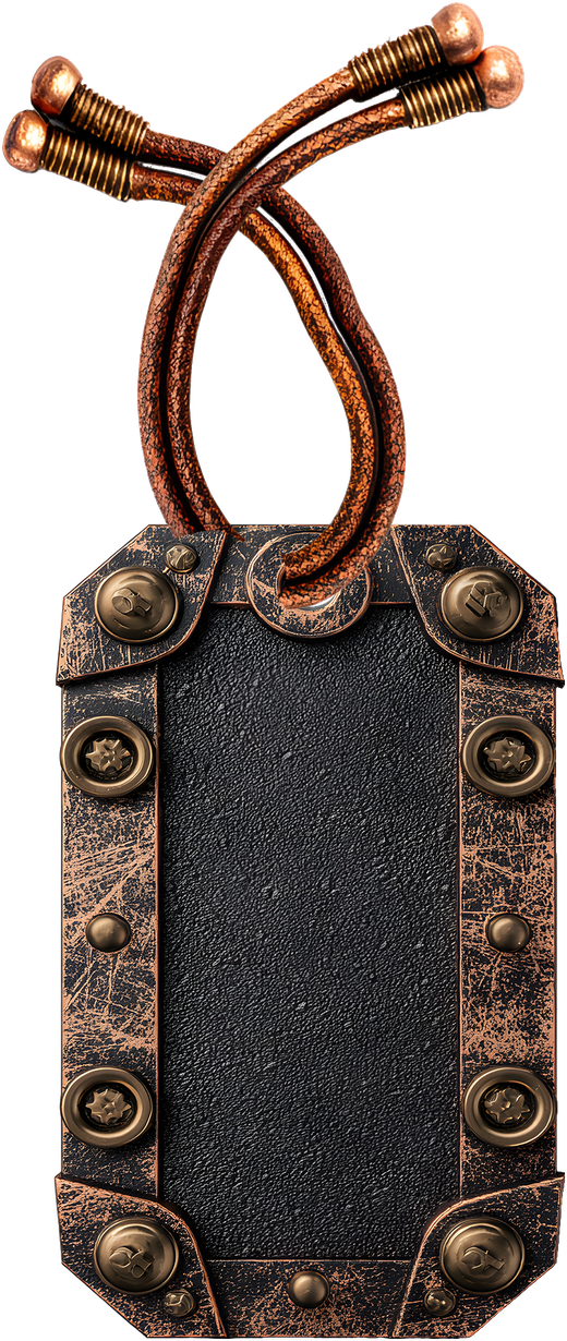 A dark riveted luggage tag on a leather cord, an element from the Echoes of Time range